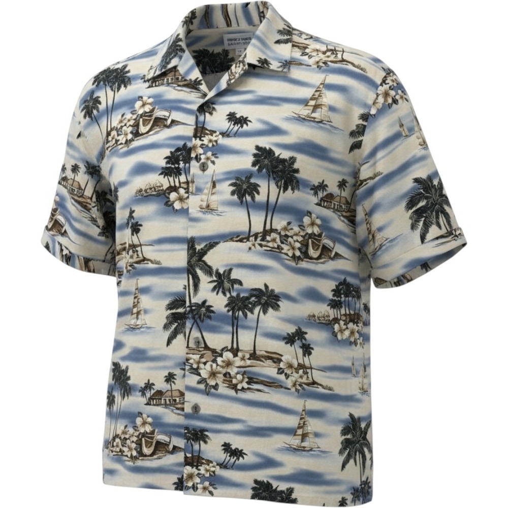 Pierre Cardin Hawaiian Shirt Mens 3XLT Blue White Beach Scene Palm Tree Camp Top